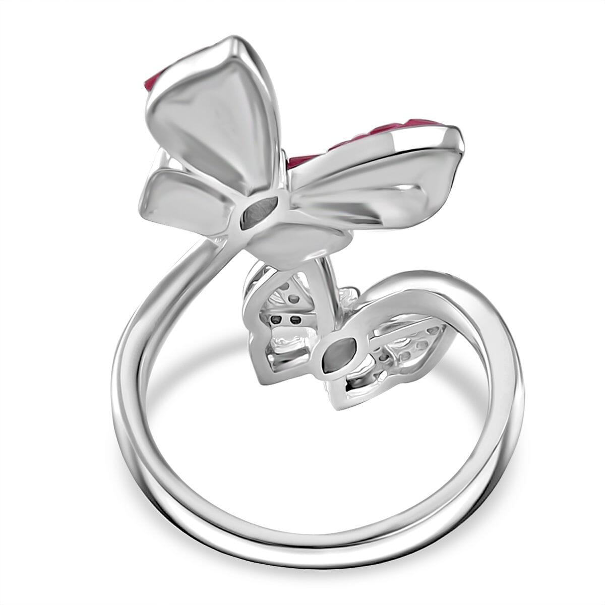 Simulated White and Ruby Color Diamond Butterfly Bypass Ring in Rhodium Over Sterling Silver (Size 9.0) image number 4