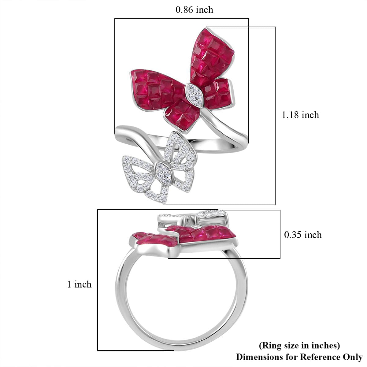 Simulated White and Ruby Color Diamond Butterfly Bypass Ring in Rhodium Over Sterling Silver (Size 9.0) image number 5
