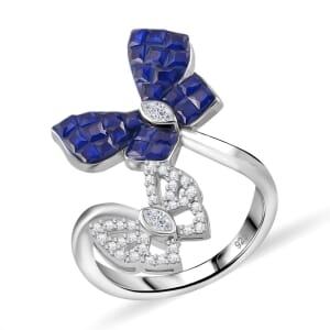 Simulated White and Blue Diamond Butterfly Bypass Ring in Rhodium Over Sterling Silver (Size 5.0)