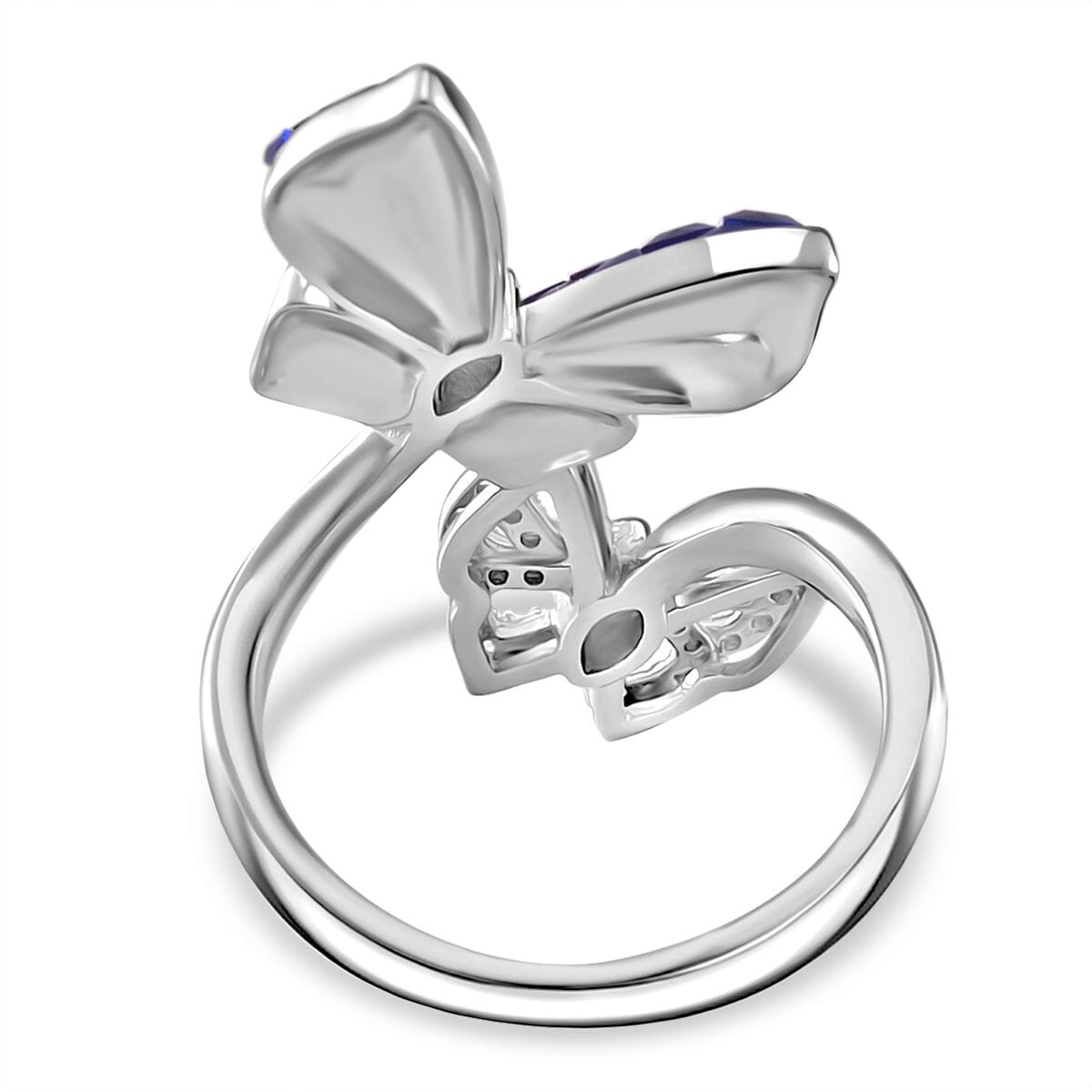 Simulated White and Blue Diamond Butterfly Bypass Ring in Rhodium Over Sterling Silver (Size 5.0) image number 4