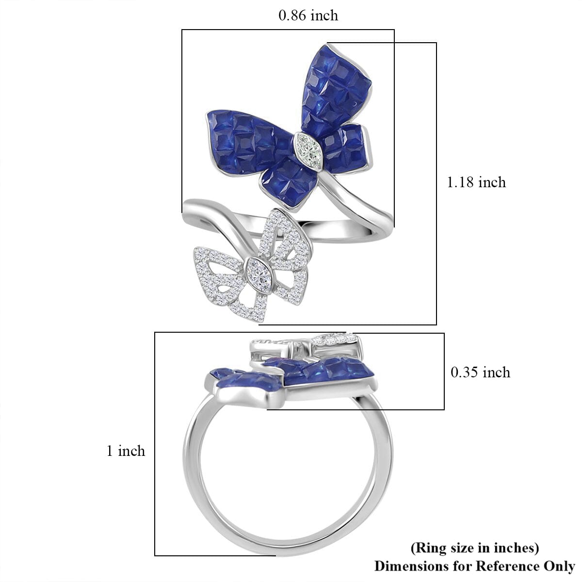 Simulated White and Blue Diamond Butterfly Bypass Ring in Rhodium Over Sterling Silver (Size 5.0) image number 5