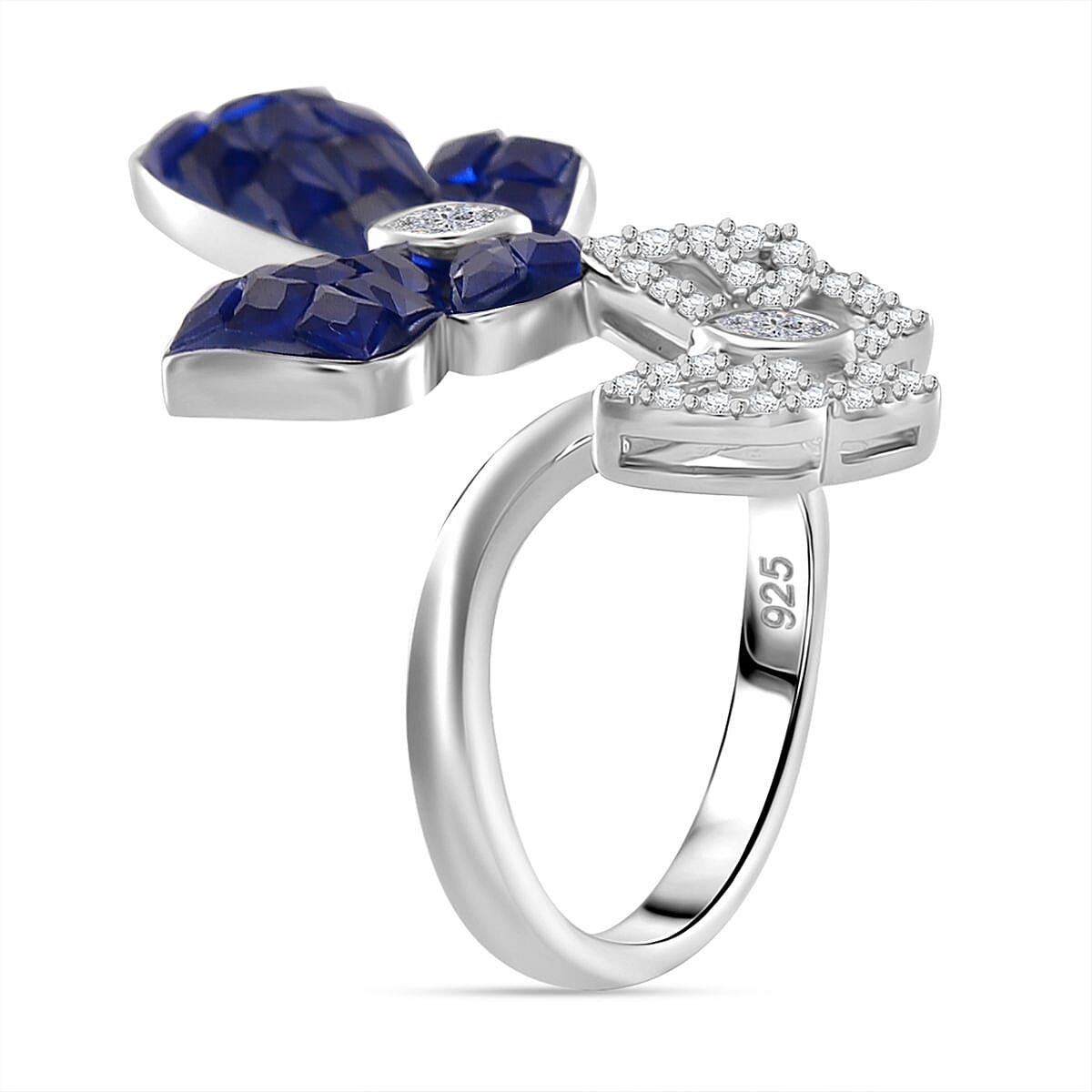 Simulated White and Blue Diamond Butterfly Bypass Ring in Rhodium Over Sterling Silver (Size 9.0) image number 3