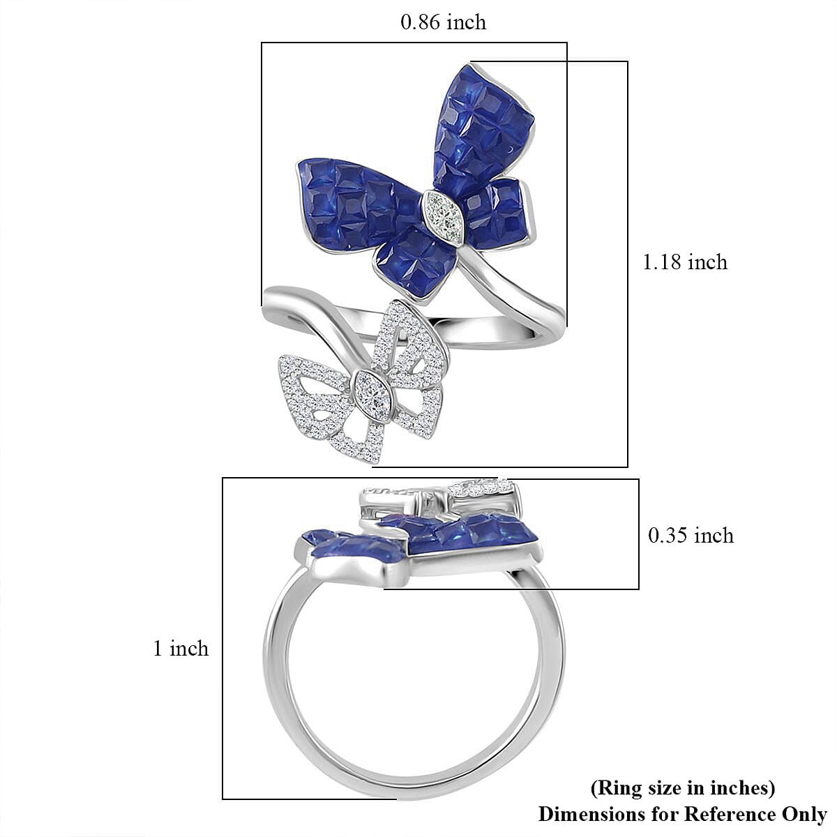Simulated White and Blue Diamond Butterfly Bypass Ring in Rhodium Over Sterling Silver (Size 9.0) image number 5