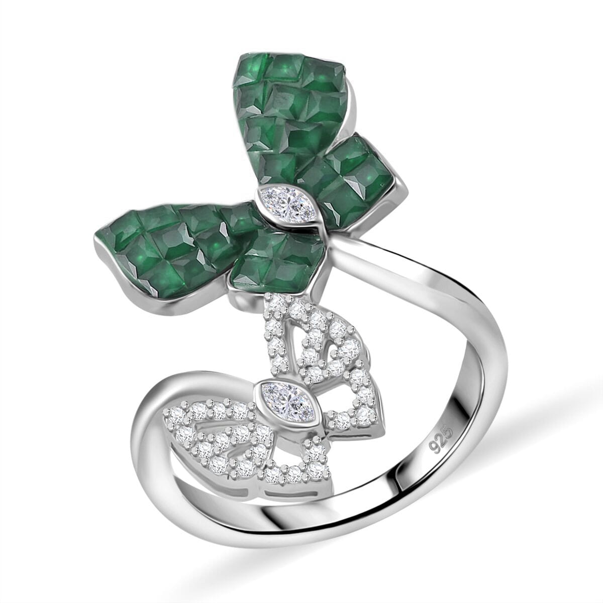 Simulated White and Green Diamond Butterfly Bypass Ring in Rhodium Over Sterling Silver (Size 9.0) image number 0