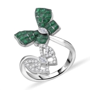 Simulated White and Green Diamond Butterfly Bypass Ring in Rhodium Over Sterling Silver (Size 9.0)