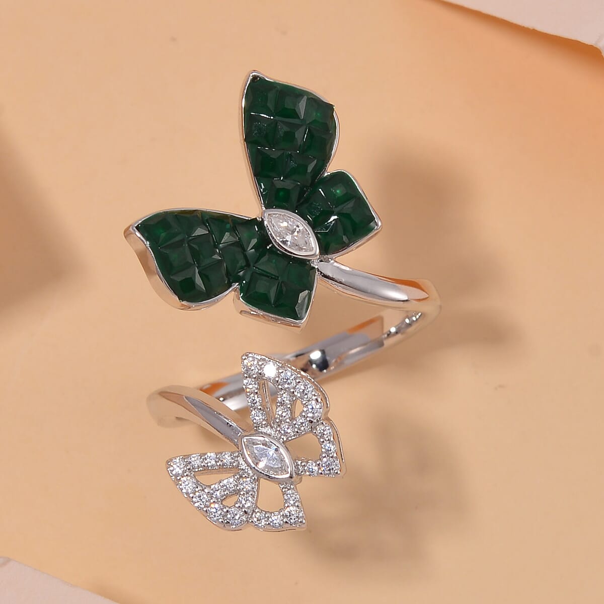 Simulated White and Green Diamond Butterfly Bypass Ring in Rhodium Over Sterling Silver (Size 9.0) image number 1
