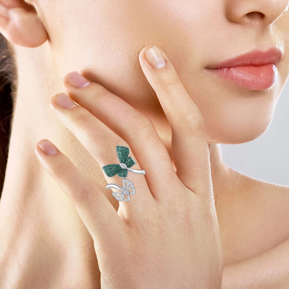 Simulated White and Green Diamond Butterfly Bypass Ring in Rhodium Over Sterling Silver (Size 9.0) image number 2