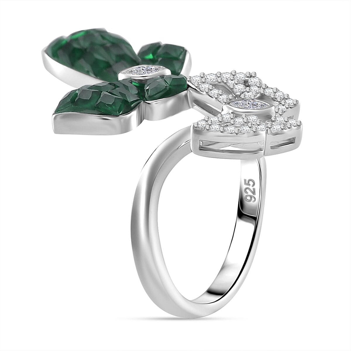 Simulated White and Green Diamond Butterfly Bypass Ring in Rhodium Over Sterling Silver (Size 9.0)