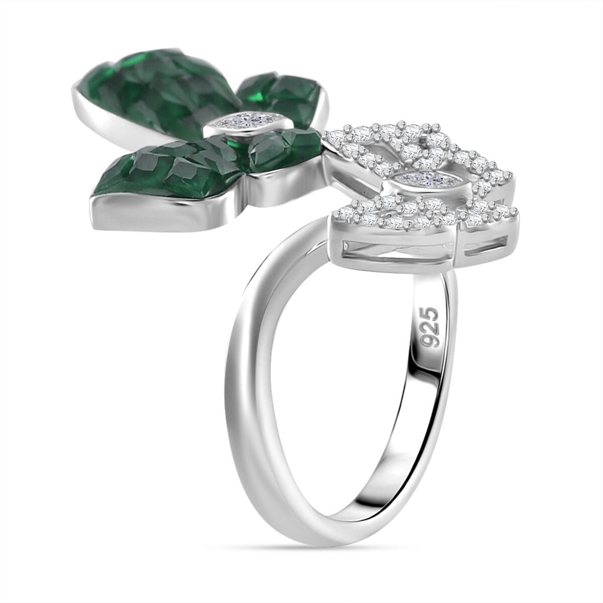 Simulated White and Green Diamond Butterfly Bypass Ring in Rhodium Over Sterling Silver (Size 9.0) image number 3