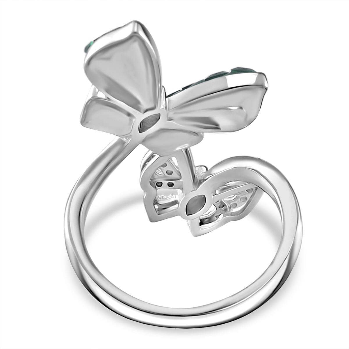 Simulated White and Green Diamond Butterfly Bypass Ring in Rhodium Over Sterling Silver (Size 9.0) image number 4