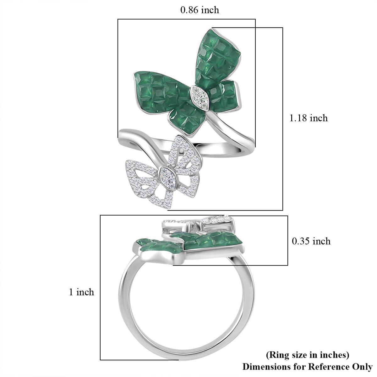 Simulated White and Green Diamond Butterfly Bypass Ring in Rhodium Over Sterling Silver (Size 9.0) image number 5