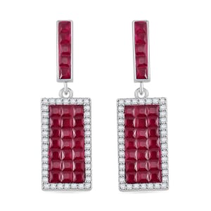 Simulated White and Ruby Color Diamond Earrings in Rhodium Over Sterling Silver