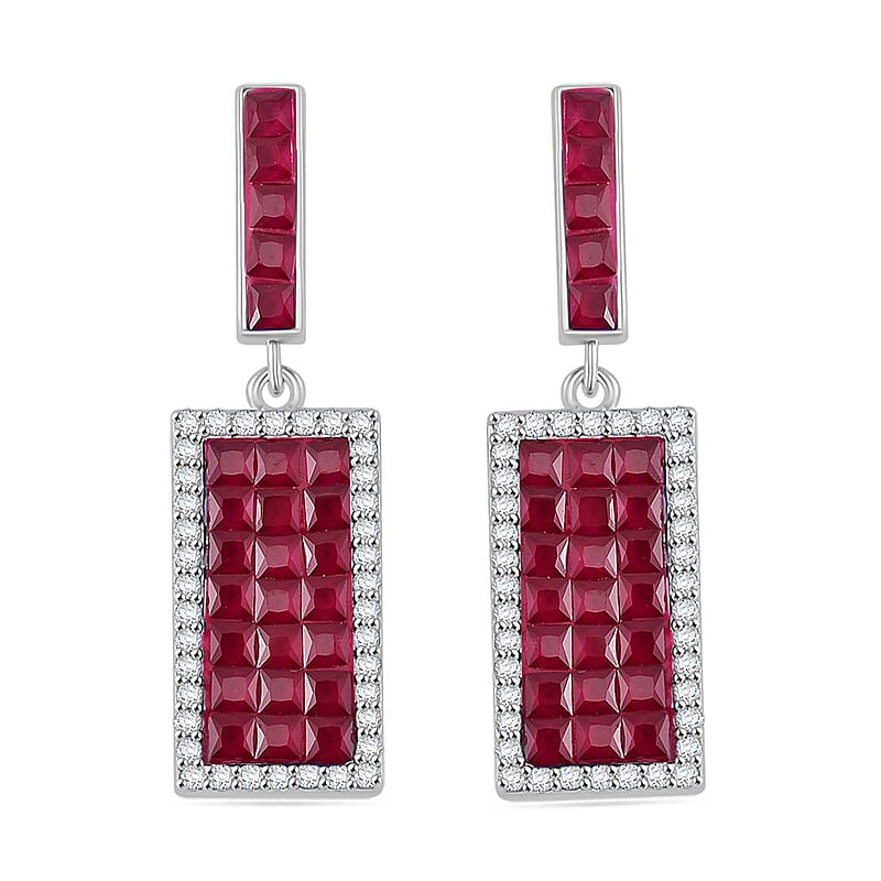 Simulated White and Ruby Color Diamond Earrings in Rhodium Over Sterling Silver