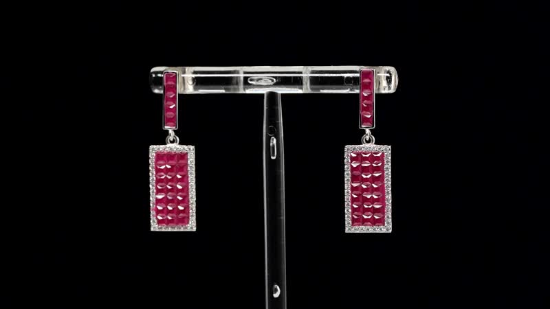 Simulated White and Ruby Color Diamond Earrings in Rhodium Over Sterling Silver