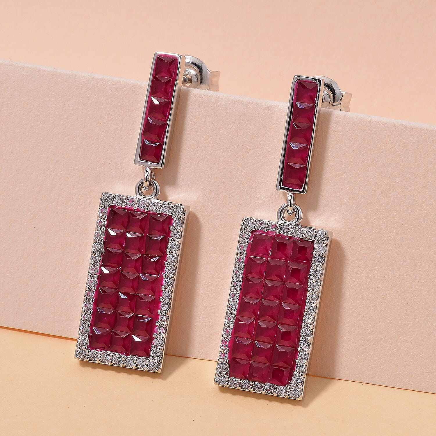 Simulated White and Ruby Color Diamond Earrings in Rhodium Over Sterling Silver