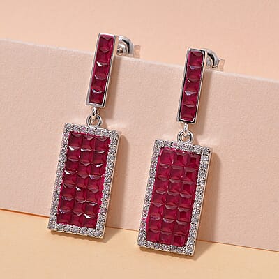 Simulated White and Ruby Color Diamond Earrings in Rhodium Over Sterling Silver