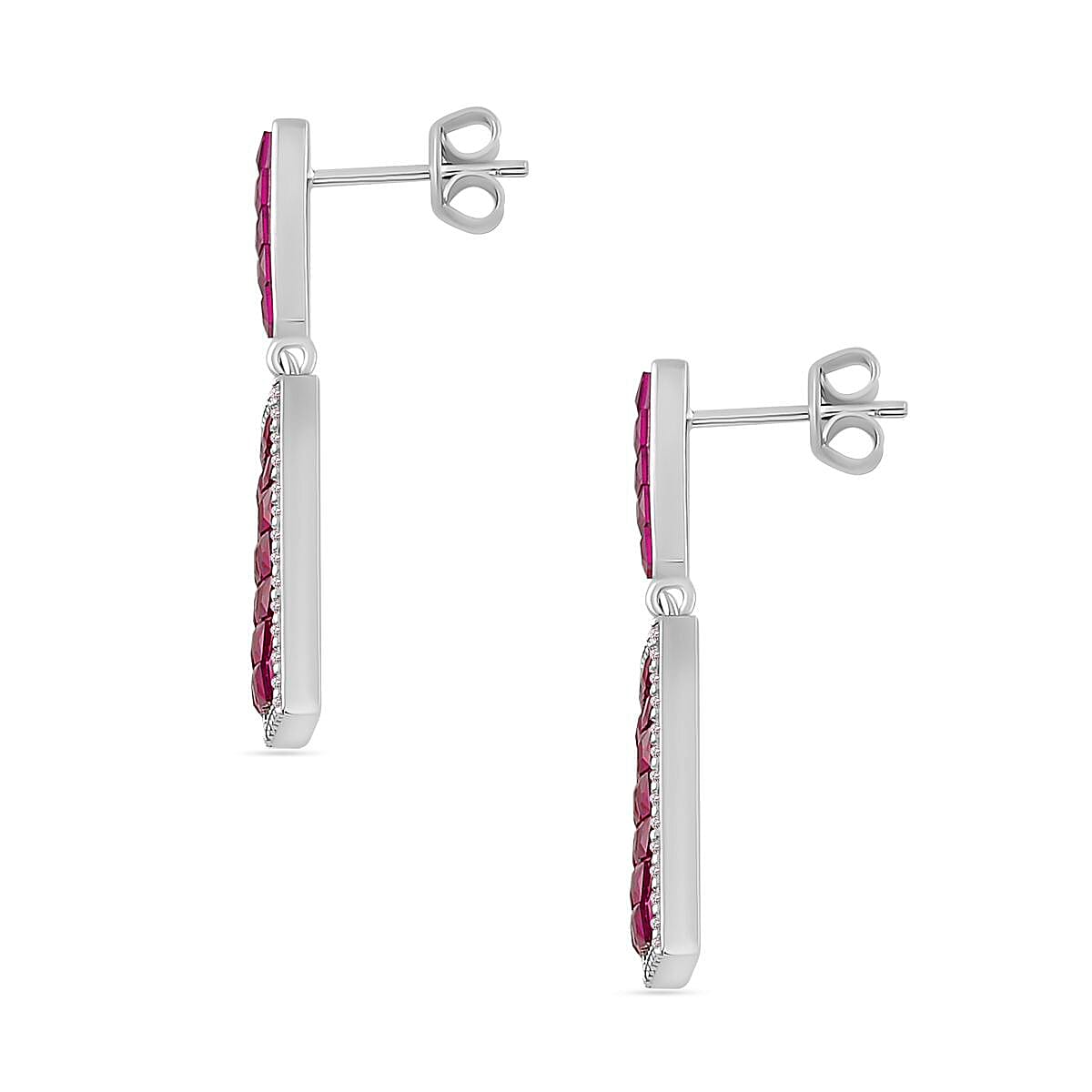 Simulated White and Ruby Color Diamond Earrings in Rhodium Over Sterling Silver