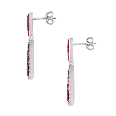 Simulated White and Ruby Color Diamond Earrings in Rhodium Over Sterling Silver