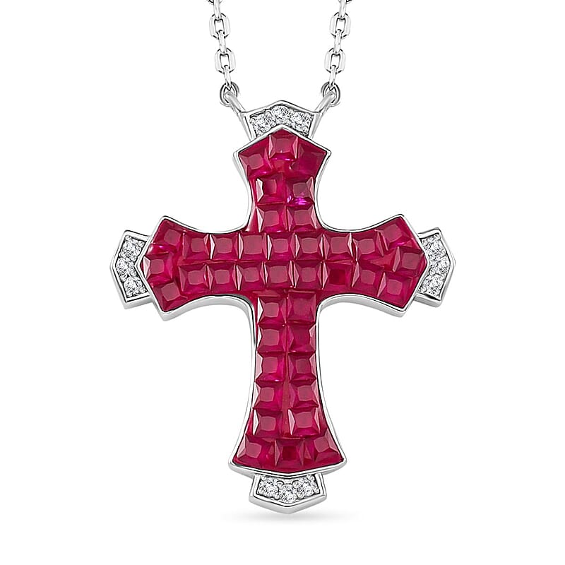 Simulated White and Ruby Color Diamond Cross Necklace in Rhodium Over Sterling Silver 18 Inches