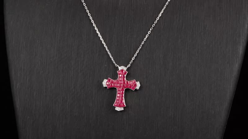 Simulated White and Ruby Color Diamond Cross Shape Necklace in Rhodium Over Sterling Silver (18 Inches) 1.25 ctw