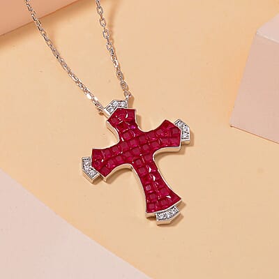 Simulated White and Ruby Color Diamond Cross Necklace in Rhodium Over Sterling Silver 18 Inches