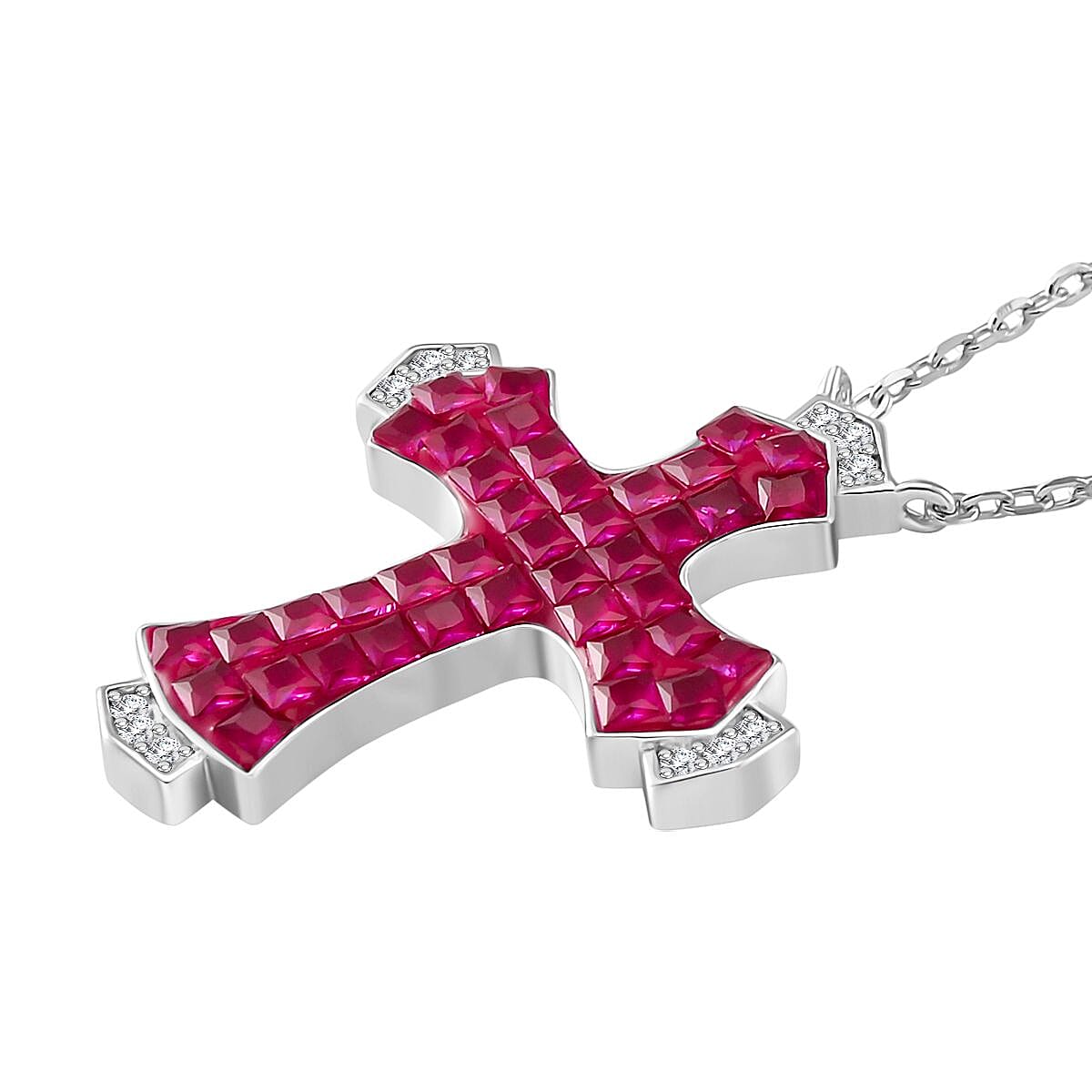 Simulated White and Ruby Color Diamond Cross Necklace in Rhodium Over Sterling Silver 18 Inches