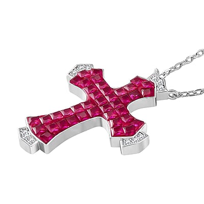Simulated White and Ruby Color Diamond Cross Necklace in Rhodium Over Sterling Silver 18 Inches