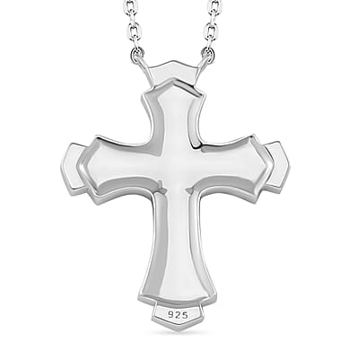 Simulated White and Ruby Color Diamond Cross Necklace in Rhodium Over Sterling Silver 18 Inches