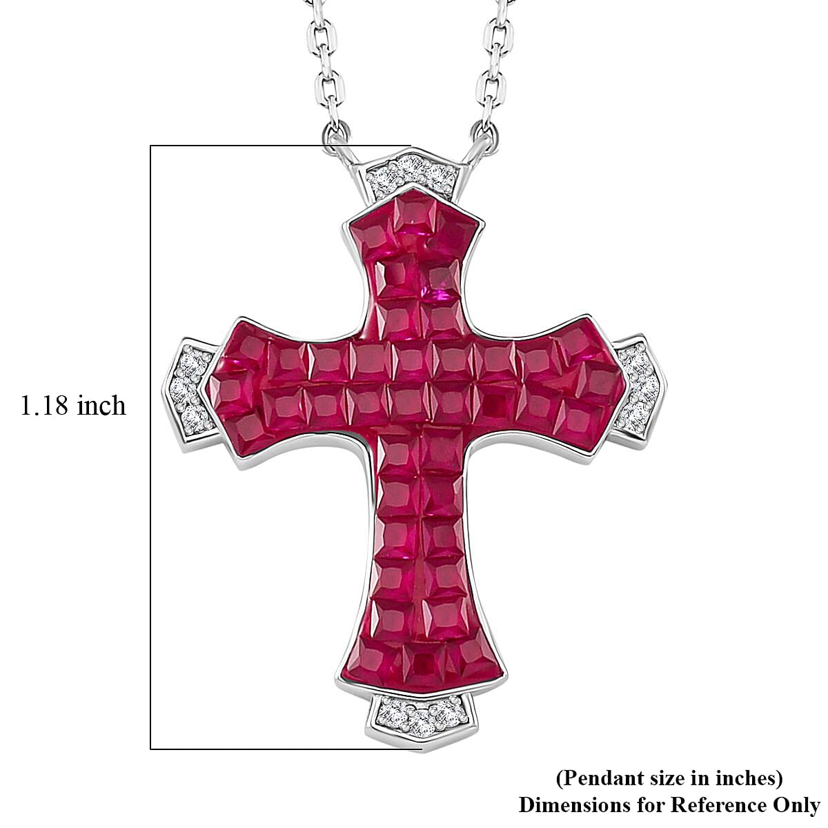 Simulated White and Ruby Color Diamond Cross Necklace in Rhodium Over Sterling Silver 18 Inches