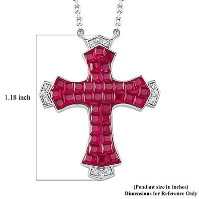 Simulated White and Ruby Color Diamond Cross Necklace in Rhodium Over Sterling Silver 18 Inches