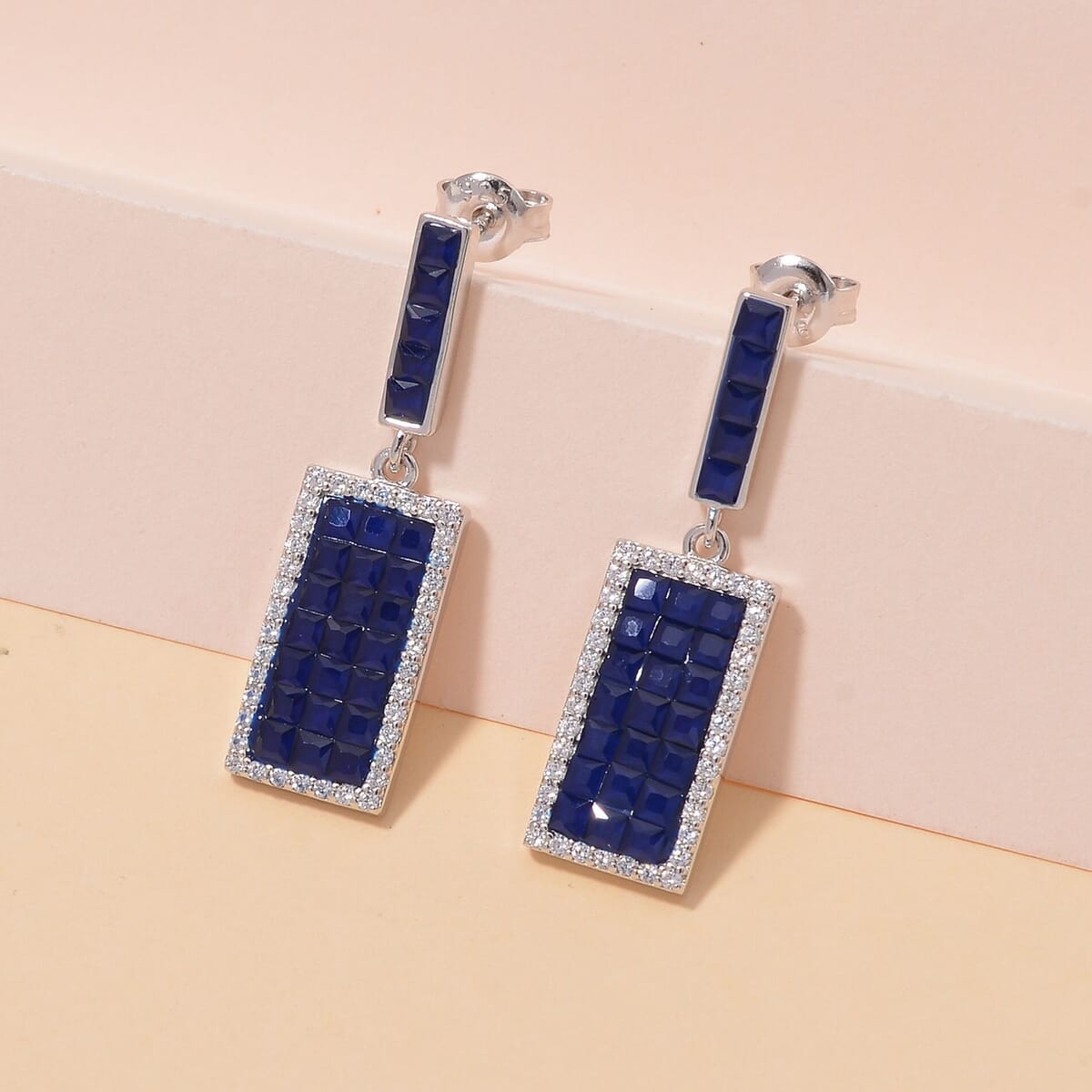 Simulated White and Blue Diamond Earrings in Rhodium Over Sterling Silver image number 1