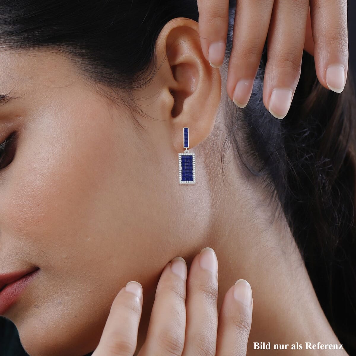 Simulated White and Blue Diamond Earrings in Rhodium Over Sterling Silver image number 2
