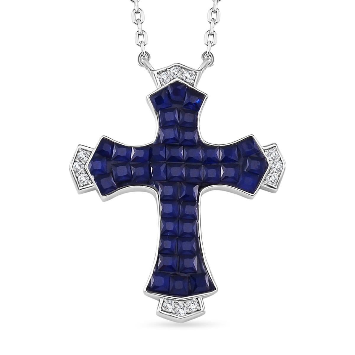 Simulated White and Blue Diamond Cross Necklace in Rhodium Over Sterling Silver (18 Inches) 1.90 ctw image number 0