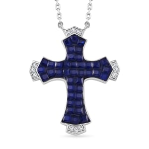 Simulated White and Blue Diamond Cross Necklace in Rhodium Over Sterling Silver (18 Inches) 1.90 ctw