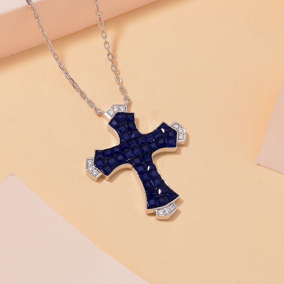 Simulated White and Blue Diamond Cross Necklace in Rhodium Over Sterling Silver (18 Inches) 1.90 ctw image number 1