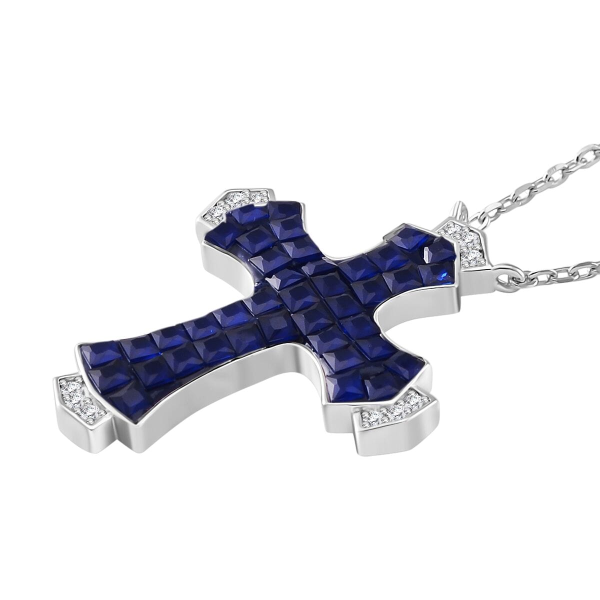 Simulated White and Blue Diamond Cross Necklace in Rhodium Over Sterling Silver (18 Inches) 1.90 ctw image number 3