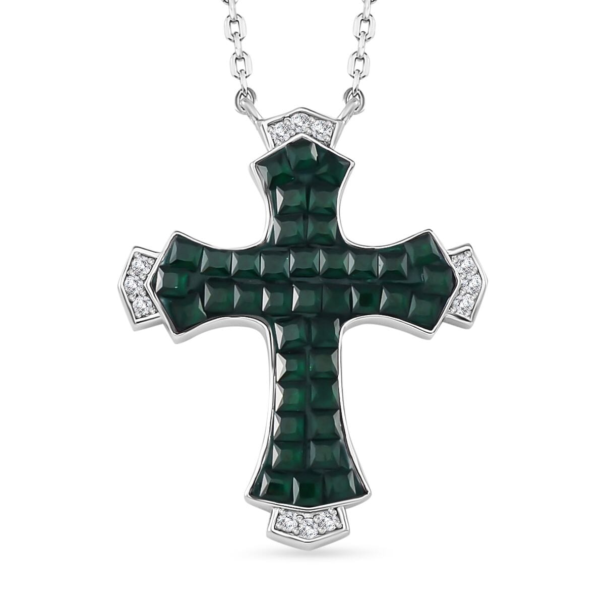 Simulated White and Green Diamond Cross Necklace in Rhodium Over Sterling Silver 18 Inches image number 0