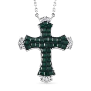 Simulated White and Green Diamond Cross Necklace in Rhodium Over Sterling Silver 18 Inches