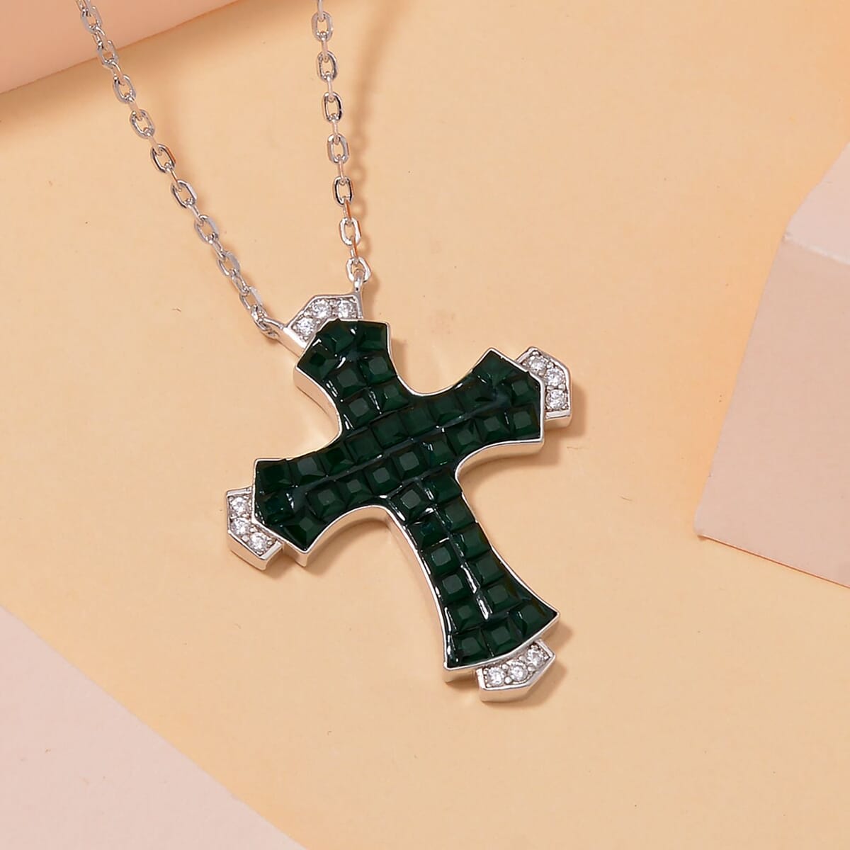 Simulated White and Green Diamond Cross Necklace in Rhodium Over Sterling Silver 18 Inches image number 1
