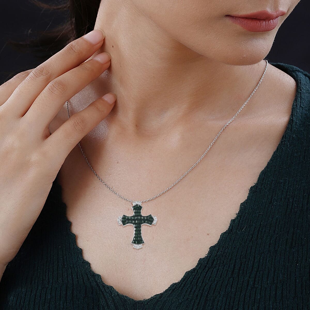 Simulated White and Green Diamond Cross Necklace in Rhodium Over Sterling Silver 18 Inches image number 2