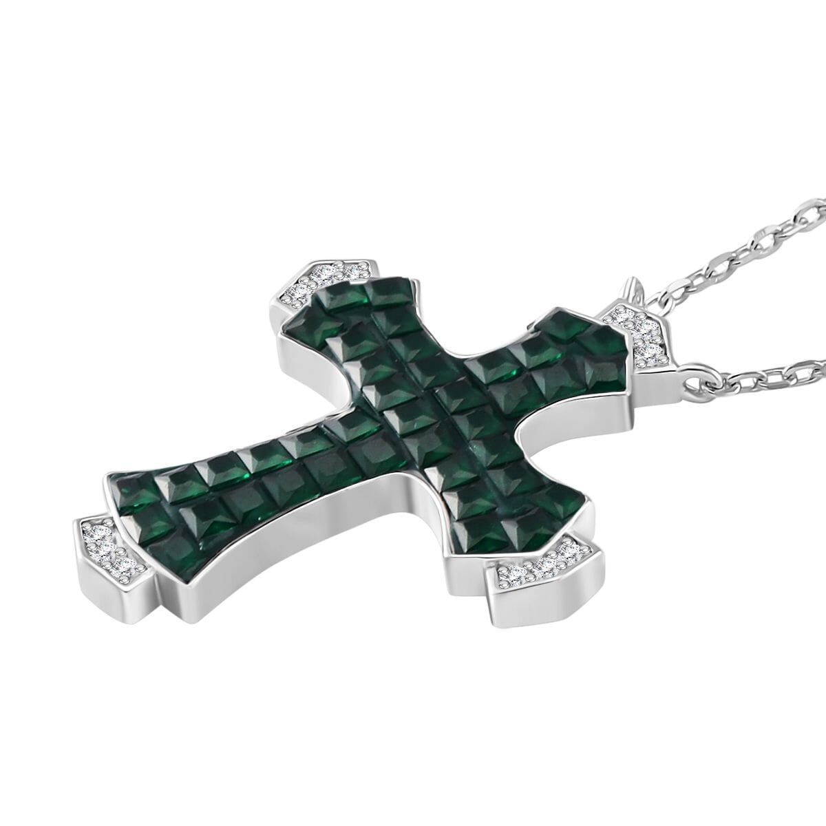 Simulated White and Green Diamond Cross Necklace in Rhodium Over Sterling Silver 18 Inches image number 3