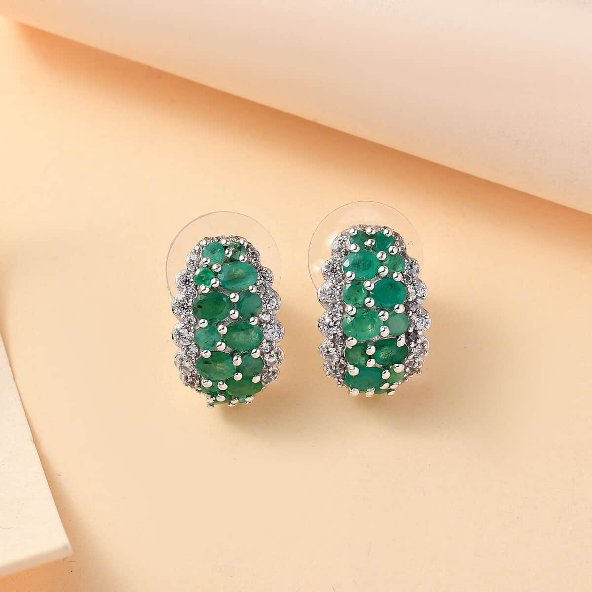 Kagem Zambian Emerald and White Zircon 3.85 ctw Serenity Nature Earrings in Platinum Over Sterling Silver image number 1