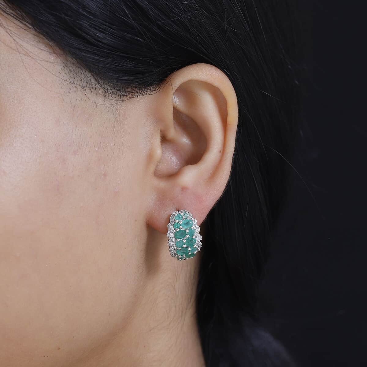 Kagem Zambian Emerald and White Zircon 3.85 ctw Serenity Nature Earrings in Platinum Over Sterling Silver image number 2