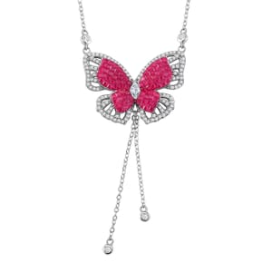 Simulated Ruby Color and White Diamond Butterfly Necklace in Rhodium Over Sterling Silver 18 Inches