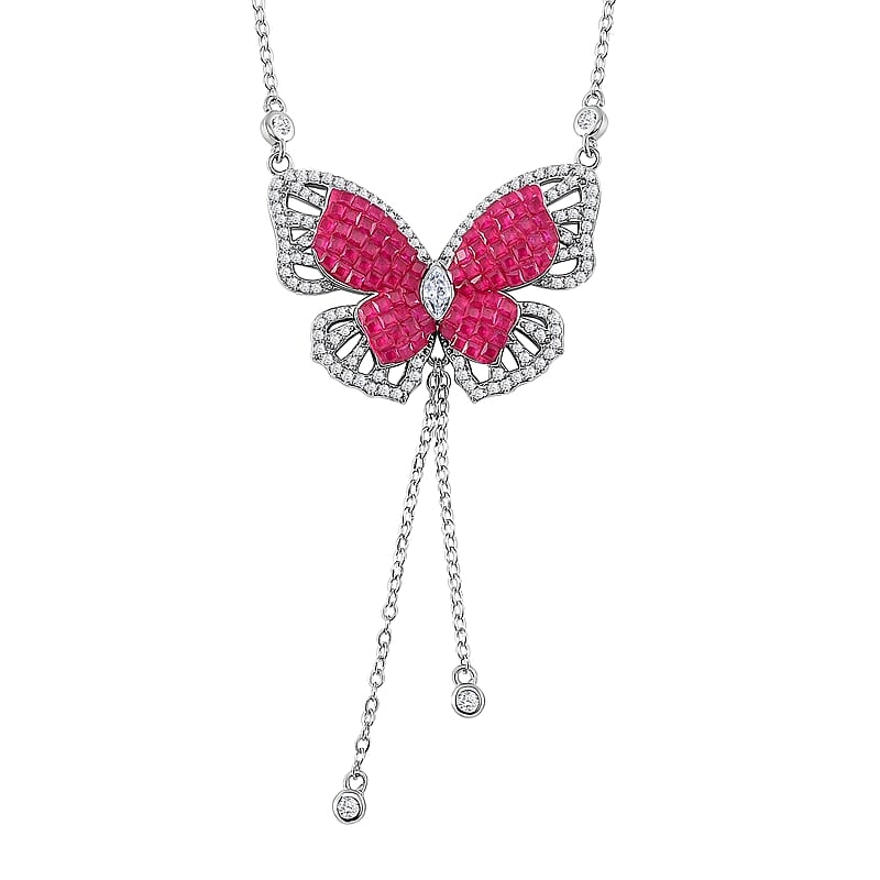 Simulated Ruby Color and White Diamond Butterfly Necklace in Rhodium Over Sterling Silver 18 Inches