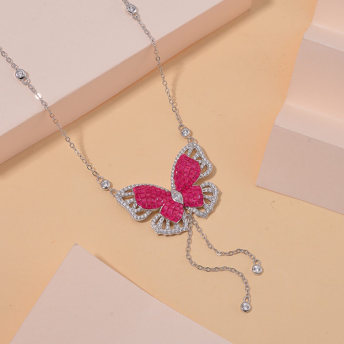 Simulated Ruby Color and White Diamond Butterfly Necklace in Rhodium Over Sterling Silver (18 Inches) 3.30 ctw image number 1