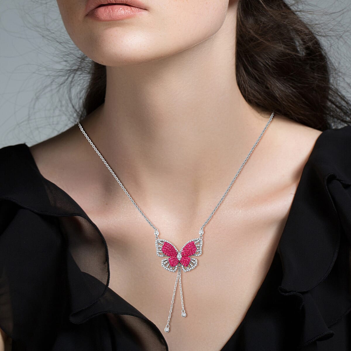 Simulated Ruby Color and White Diamond Butterfly Necklace in Rhodium Over Sterling Silver (18 Inches) 3.30 ctw image number 2