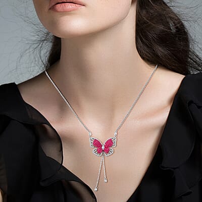 Simulated Ruby Color and White Diamond Butterfly Necklace in Rhodium Over Sterling Silver 18 Inches