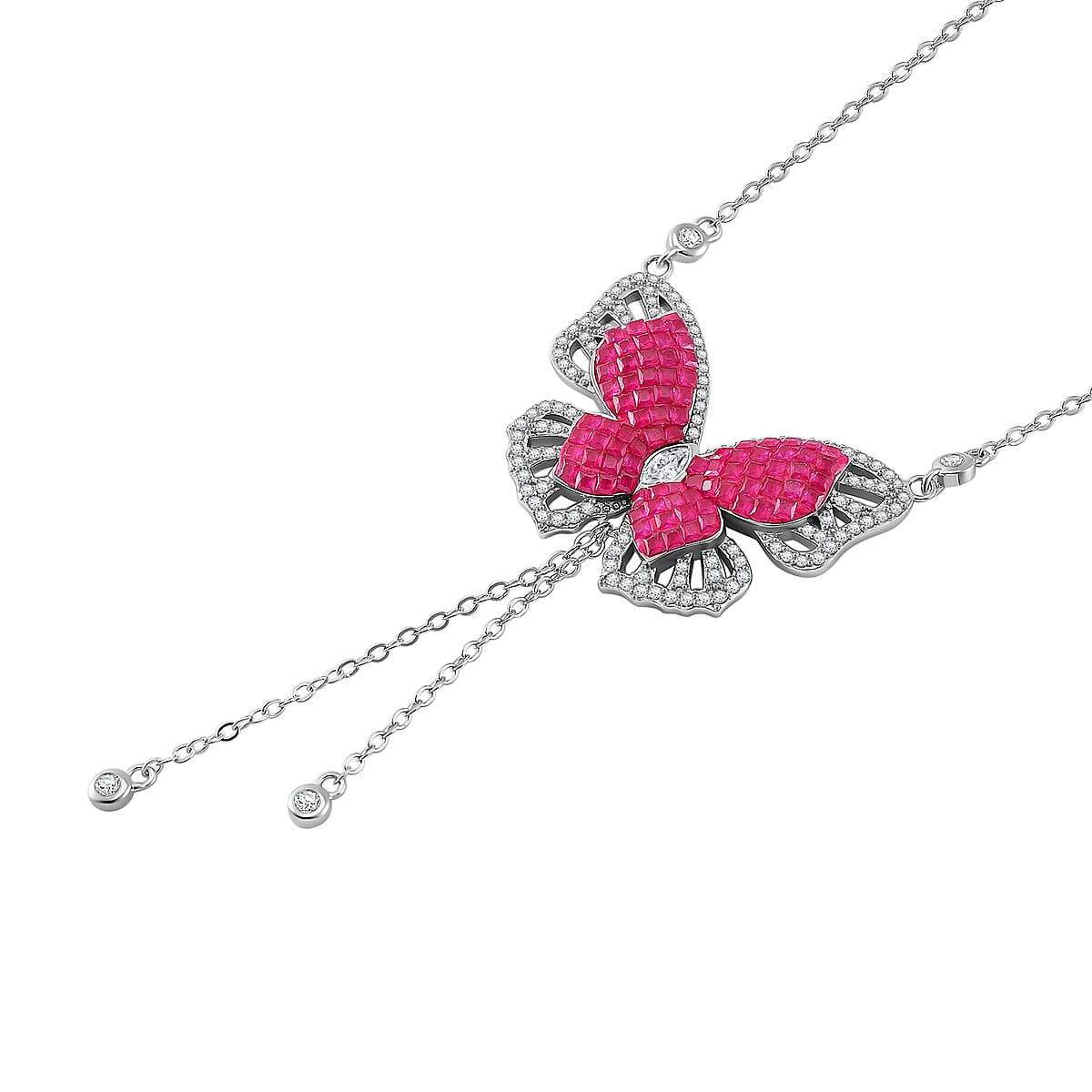 Simulated Ruby Color and White Diamond Butterfly Necklace in Rhodium Over Sterling Silver (18 Inches) 3.30 ctw image number 3