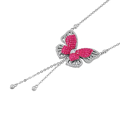 Simulated Ruby Color and White Diamond Butterfly Necklace in Rhodium Over Sterling Silver 18 Inches